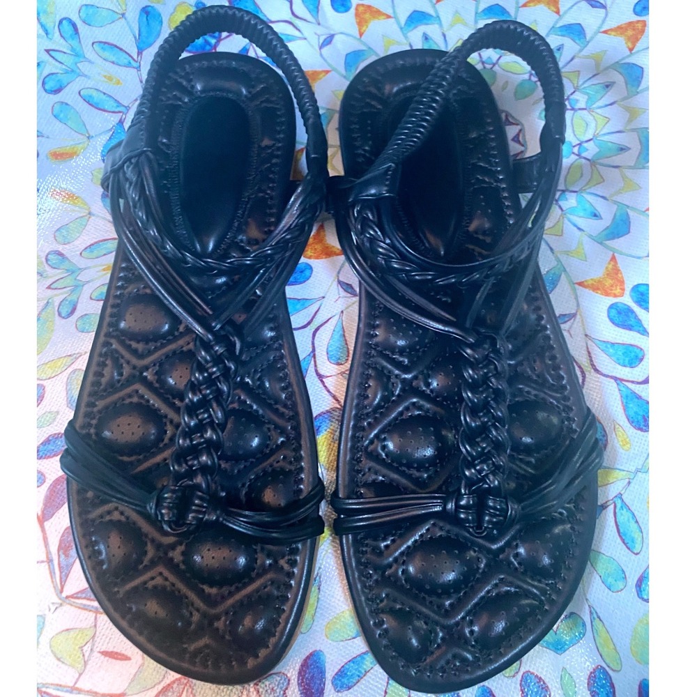 Flat Braided T-Strap Slingback Sandals Womens Black Quilted Boho 9B NWOT‎